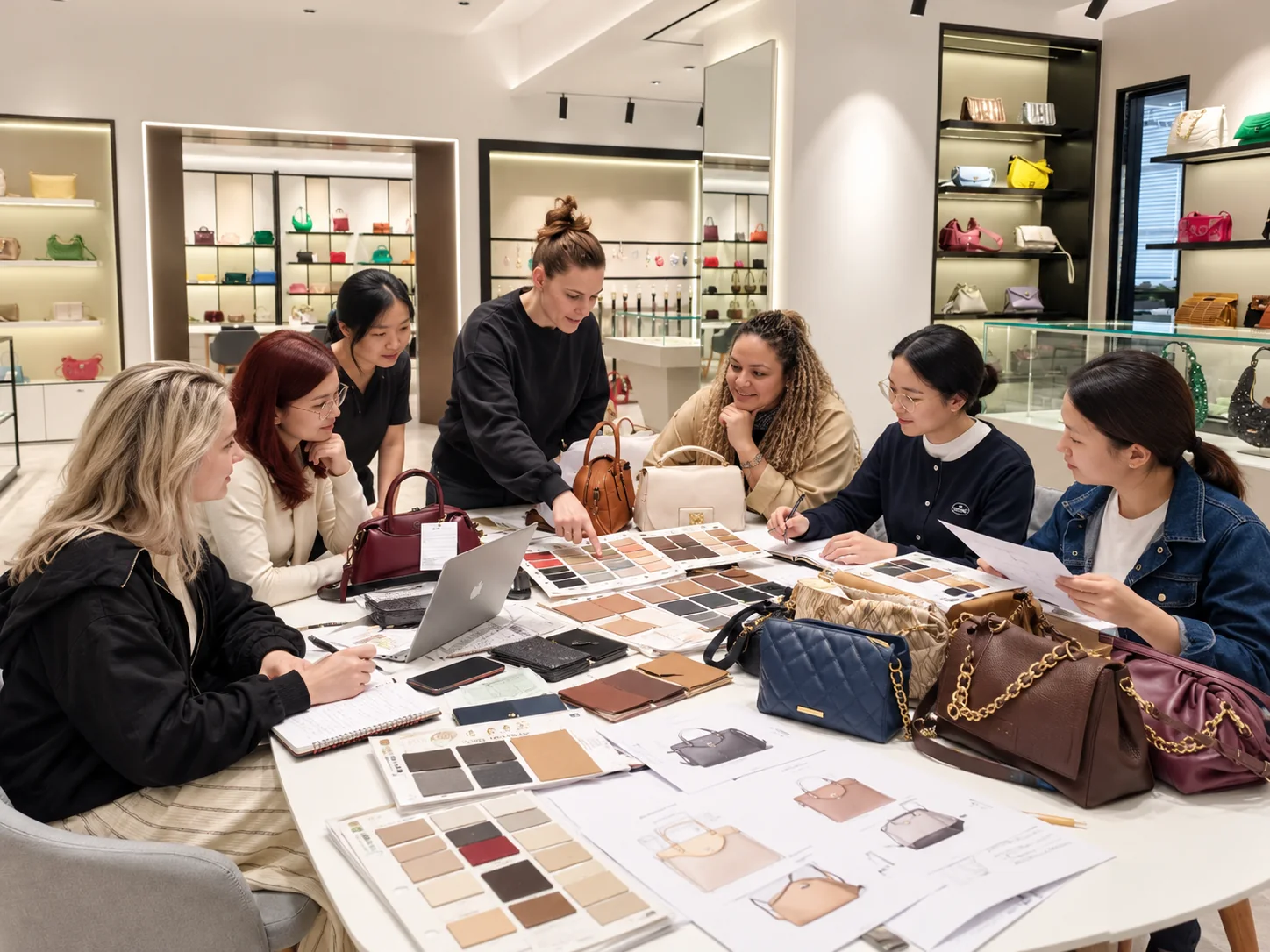 Handbag design collaboration meeting with samples and material swatches